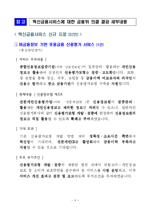 비금융정보 기반 포용금융 신용평가 서비스 등 혁신금융서비스 57건 신규 지정 의결 이미지 4