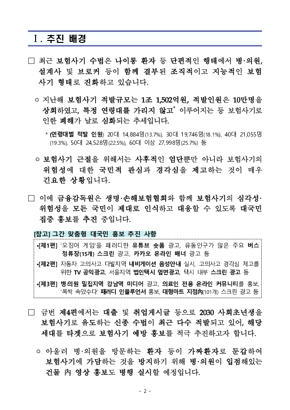 조직적인 보험사기 근절을 위해 2030세대(사회초년생) 맞춤형 온오프라인 홍보를 추진합니다 PC 본문 이미지 2