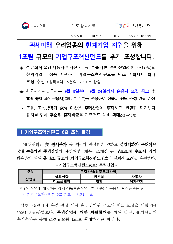관세피해 우려업종의 한계기업 지원을 위해 1조원 규모의 기업구조혁신펀드를 추가 조성합니다 PC 본문 이미지 1