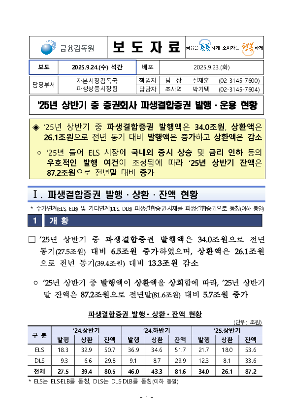 25년 상반기 중 증권회사 파생결합증권 발행 운용 현황 PC 본문 이미지 1