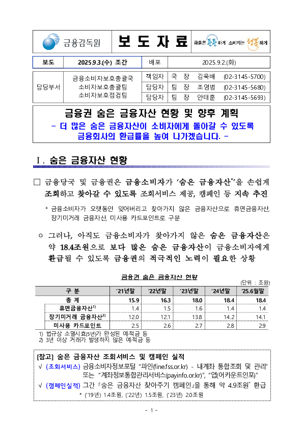 금융권 숨은 금융자산 현황 및 향후 계획 이미지 1