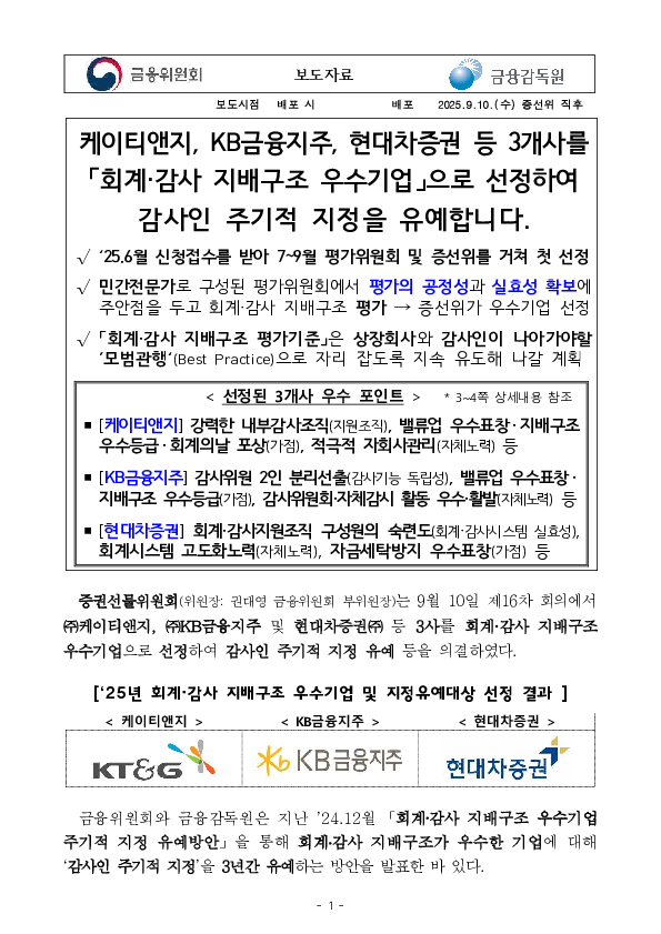 케이티앤지, KB금융지주, 현대차증권 등 3개사를 「회계,감사 지배구조 우수기업」으로 선정하여 감사인 주기적 지정을 유예합니다 PC 본문 이미지 1