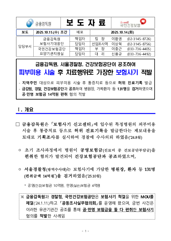 금융감독원, 서울경찰청, 건강보험공단이 공조하여 피부미용 시술 후 치료행위로 가장한 보험사기 적발 PC 본문 이미지 1