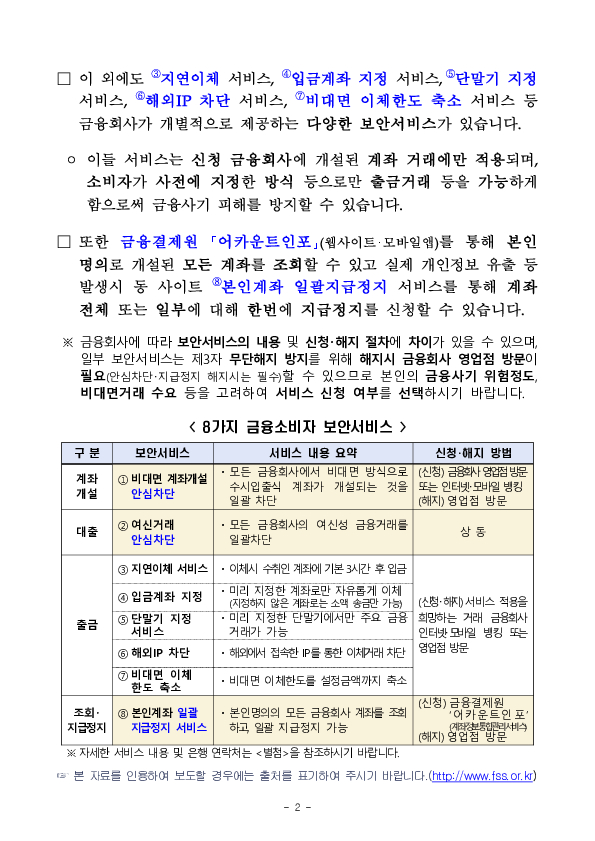 비대면 금융사기 피해 예방을 위해 금융소비자가 신청할 수 있는 8가지 보안서비스 안내 PC 본문 이미지 2