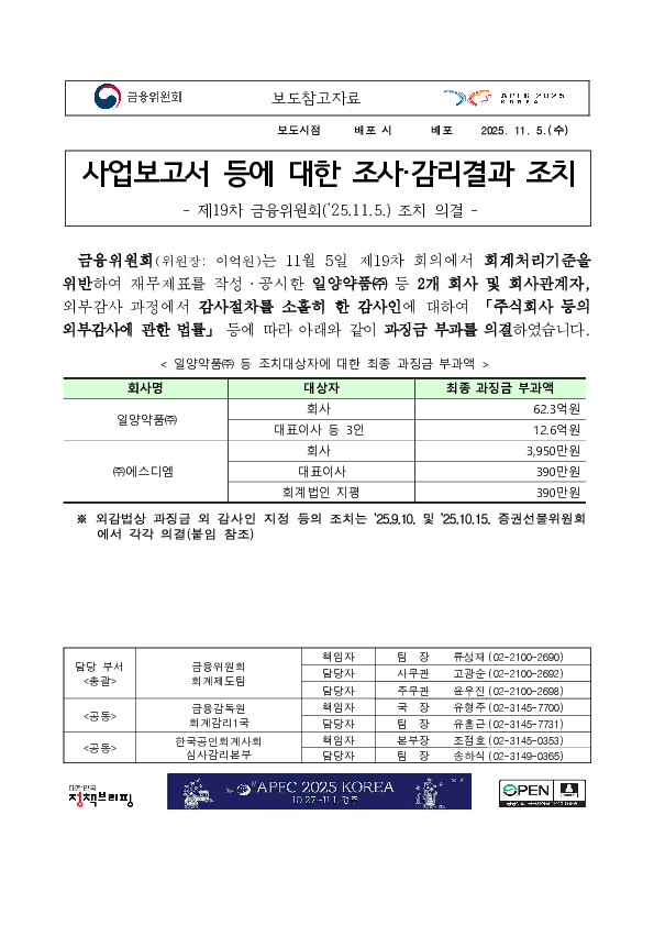 사업보고서 등에 대한 조사,감리결과 조치 - 제19차 금융위원회(’25.11.5.) 조치 의결 - PC 본문 이미지 1