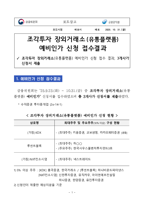 조각투자 장외거래소(유통플랫폼) 예비인가 신청 접수결과 PC 본문 이미지 1
