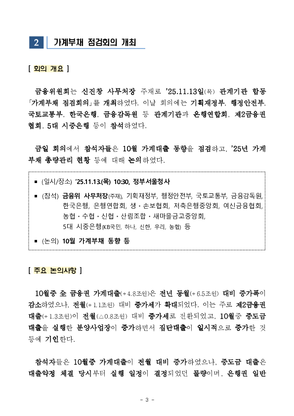 2025년 10월중 가계대출 동향(잠정) 및 「가계부채 점검회의」 개최 이미지 3