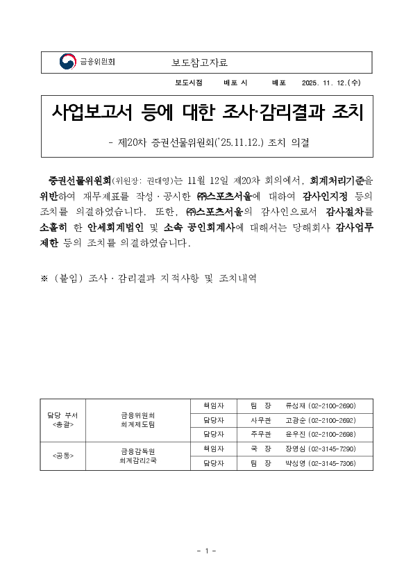 사업보고서 등에 대한 조사감리결과 조치 PC 본문 이미지 1