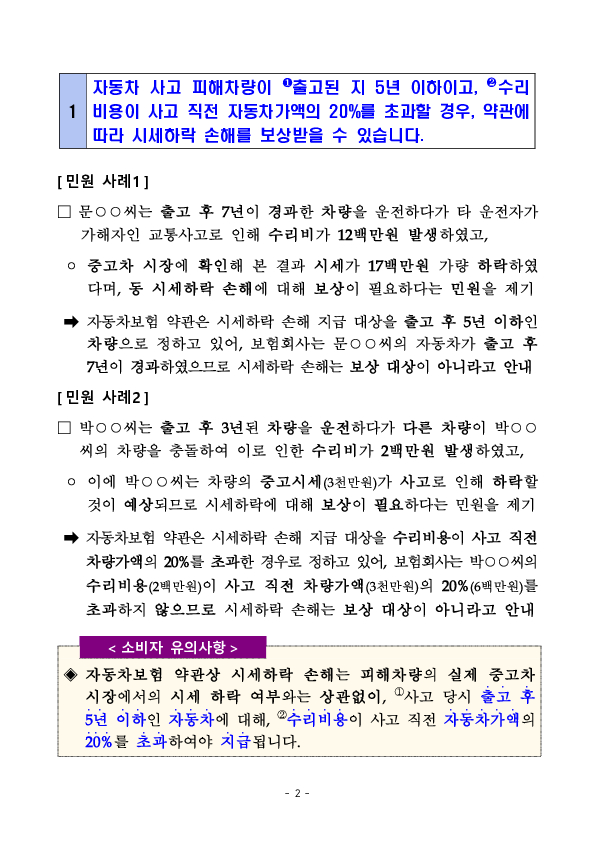 주요 분쟁사례로 알아보는 소비자 유의사항 - 자동차 시세하락 손해 관련 - PC 본문 이미지 2