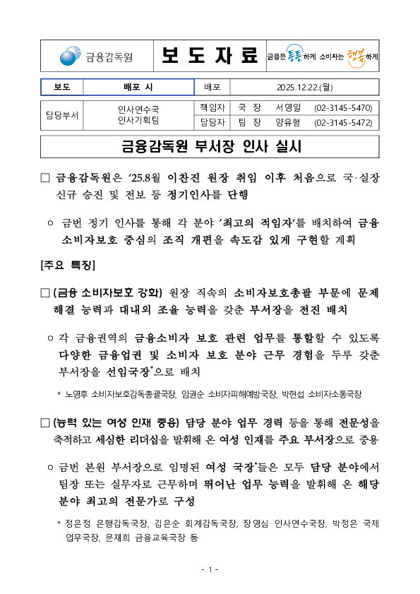 금융감독원 부서장 인사 실시 PC 본문 이미지 1