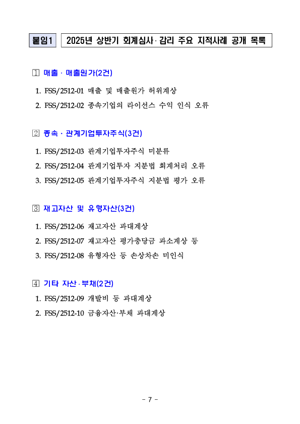 최근 회계심사,감리 주요 지적사례(10건)를 공개하오니 회사 및 감사인은 결산,감사 시 참고하시기 바랍니다. 이미지 7