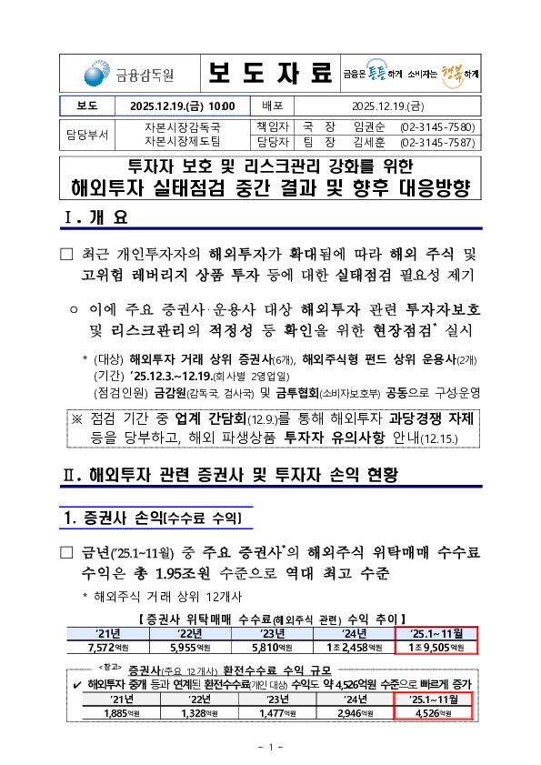 투자자 보호 및 리스크관리 강화를 위한 해외투자 실태점검 중간 결과 및 향후 대응방향 PC 본문 이미지 1