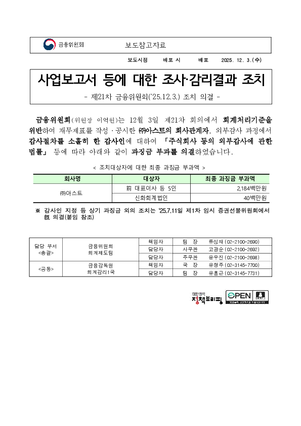 사업보고서 등에 대한 조사,감리결과 조치 - 제21차 금융위원회(25.12.3.) 조치 의결 - PC 본문 이미지 1
