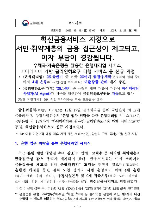 혁신금융서비스 지정으로 서민,취약계층의 금융 접근성이 제고되고, 이자 부담이 경감됩니다. PC 본문 이미지 1