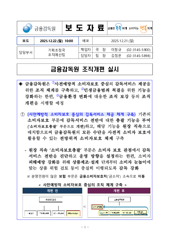 금융감독원 조직개편 실시 PC 본문 이미지 1