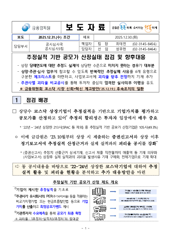 추정실적 기반 공모가 산정실태 점검 및 향후대응 이미지 1