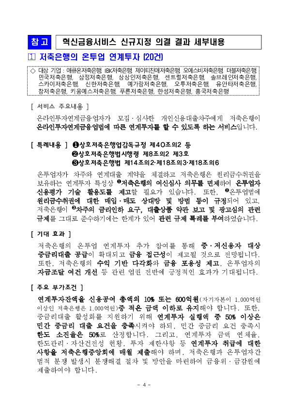 ''저축은행, 상호금융이 투자자로 참여하는 온라인투자연계금융업 연계투자 서비스'' 등 혁신금융서비스 34건 신규 지정 의결 이미지 4