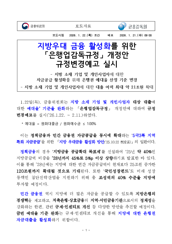지방우대 금융 활성화를 위한 「은행업감독규정」 개정안 규정변경예고 실시 PC 본문 이미지 1