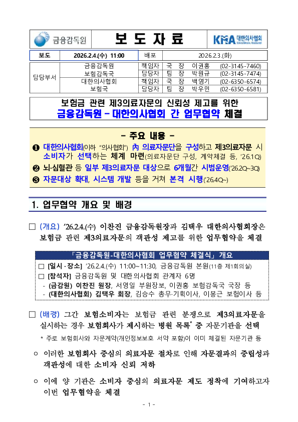 보험금 관련 제3의료자문의 신뢰성 제고를 위한 금융감독원-대한의사협회 간 업무협약 체결 PC 본문 이미지 1