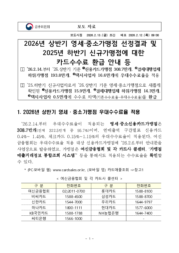 2026년 상반기 영세,중소가맹점 선정결과 및 2025년 하반기 신규가맹점에 대한 카드수수료 환급 안내 등 PC 본문 이미지 1