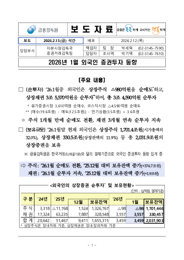 2026년 1월 외국인 증권투자 동향 PC 본문 이미지 1