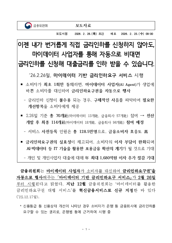 이젠 내가 번거롭게 직접 금리인하를 신청하지 않아도, 마이데이터 사업자를 통해 자동으로 비대면 금리인하를 신청해 대출금리를 인하 받을 수 있습니다. PC 본문 이미지 1