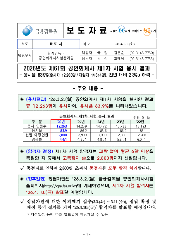 2026년도 제61회 공인회계사 제1차 시험 응시 결과 PC 본문 이미지 1