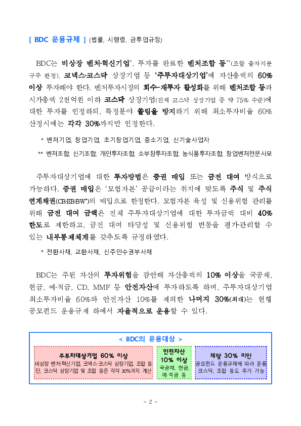 벤처, 혁신기업에 투자하는 상장 공모펀드인 기업성장펀드(BDC) 제도가 시행됩니다. PC 본문 이미지 2