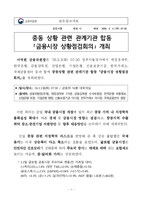 중동 상황 관련 관계기관 합동 「금융시장 상황점검회의」 개최 이미지 1