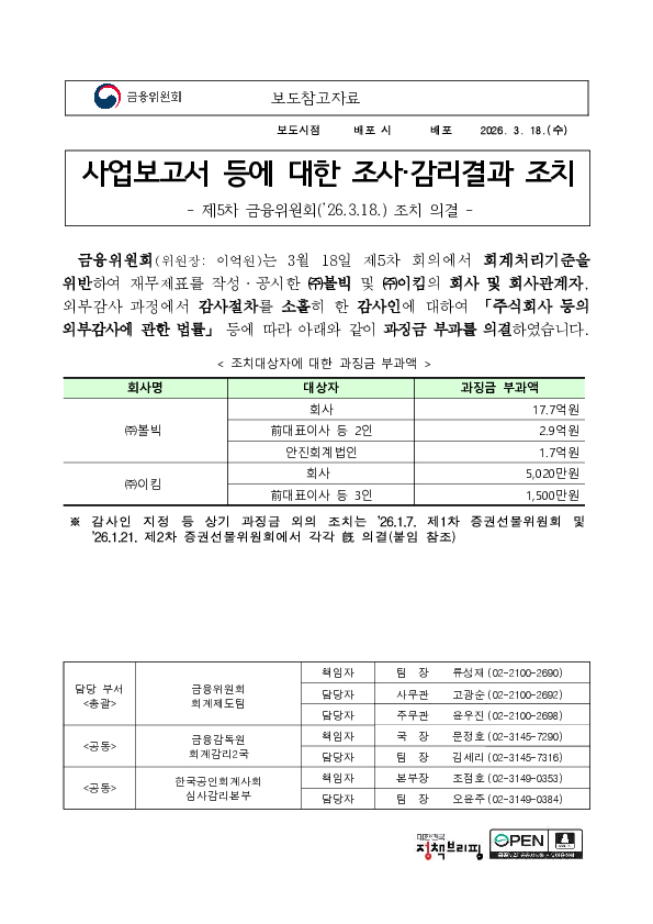 사업보고서 등에 대한 조사, 감리결과 조치 이미지 1