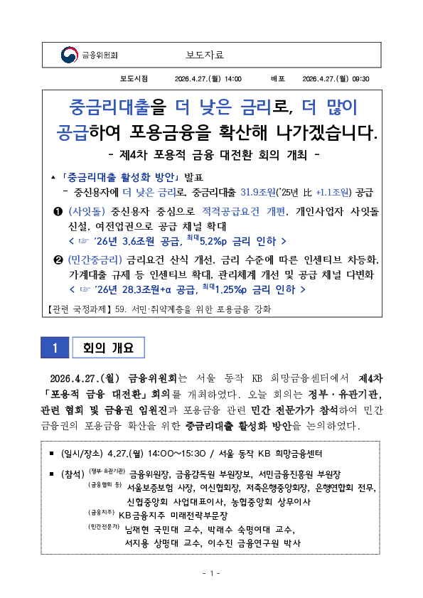 중금리대출을 더 낮은 금리로, 더 많이 공급하여 포용금융을 확산해 나가겠습니다. PC 본문 이미지 1