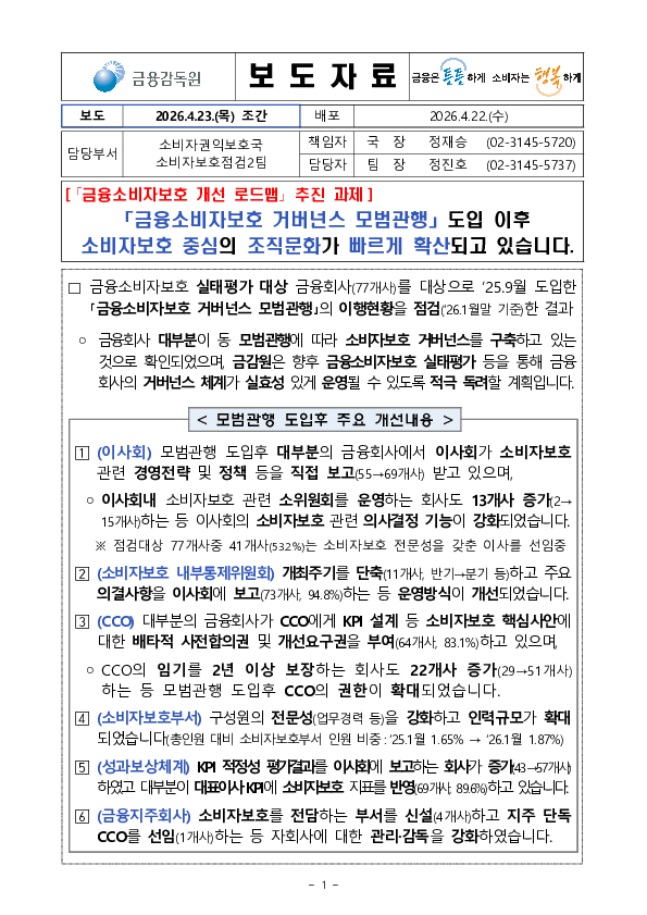 「금융소비자보호 거버넌스 모범관행」 도입 이후 소비자보호 중심의 조직문화가 빠르게 확산되고 있습니다 이미지 1