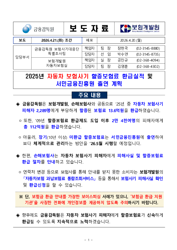 2025년 자동차 보험사기 할증보험료 환급실적 및 서민금융진흥원 출연 계획 PC 본문 이미지 1