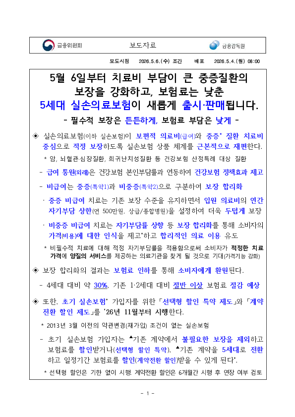 5월 6일부터 치료비 부담이 큰 중증질환의 보장을 강화하고, 보험료는 낮춘 5세대 실손의료보험이 새롭게 출시, 판매됩니다 PC 본문 이미지 1
