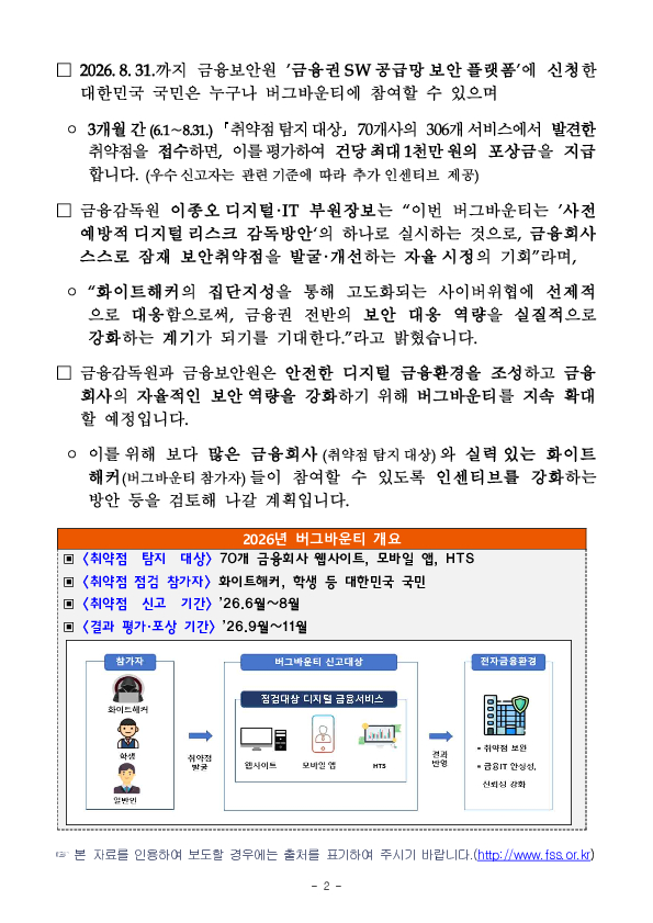 금융회사의 사전예방적 대응역량 강화를 위한 2026년 보안취약점 신고포상제(버그바운티) 실시 PC 본문 이미지 2