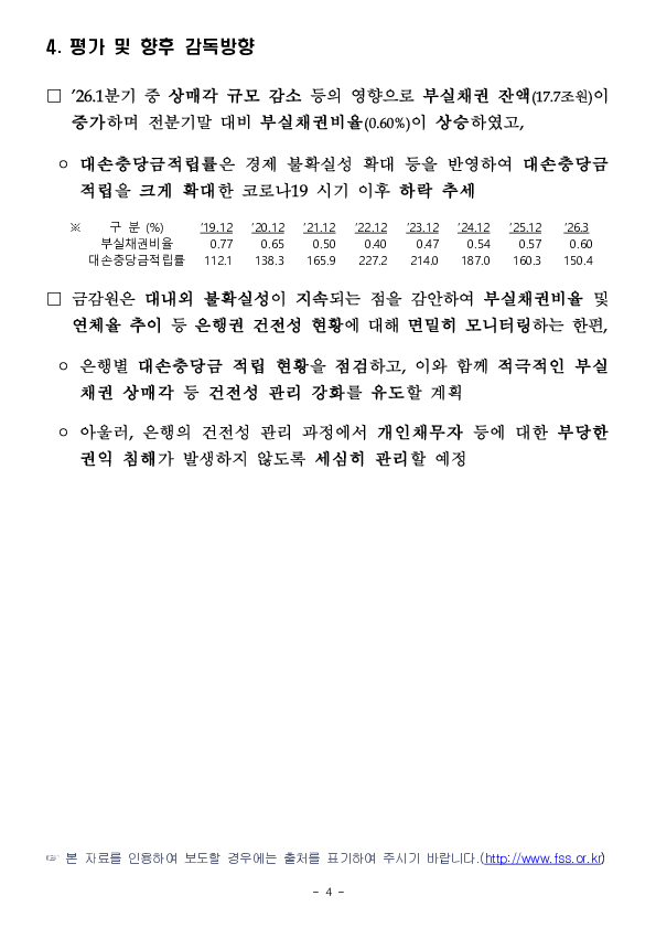 '26.3월말 국내은행의 부실채권 현황(잠정) 이미지 4