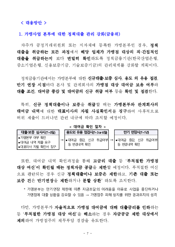 정책자금을 이용한 가맹본부의 고금리 부당대출 구조를 차단하고 가맹점주 보호를 강화하겠습니다. 이미지 7