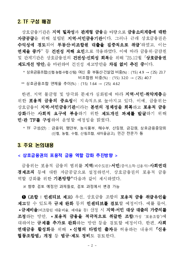 지역이나 사회연대경제조직 지원 우수 조합에 획기적인 인센티브를 제공하여 상호금융권의 건전성은 지키고, 포용금융은 강화하겠습니다 PC 본문 이미지 2