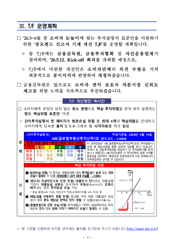 소비자 눈높이에 맞는 공모펀드 투자위험 안내를 위하여 「공모펀드 신고서 기재 개선 T/F」를 출범합니다. 이미지 4