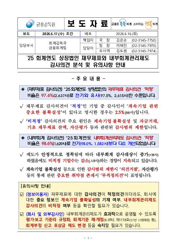 25 회계연도 상장법인 재무제표와 내부회계관리제도 감사의견 분석 및 유의사항 안내 PC 본문 이미지 1