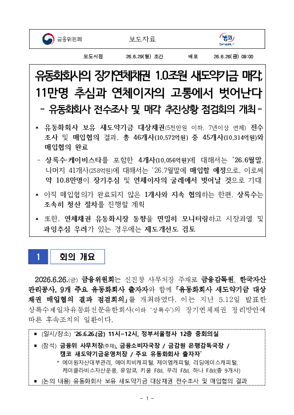 유동화회사의 장기연체채권 1.0조원 새도약기금 매각, 11만명 추심과 연체이자의 고통에서 벗어난다. PC 본문 이미지 1