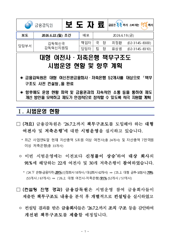 대형 여전사, 저축은행 책무구조도 시범운영 결과 및 향후 계획 PC 본문 이미지 1