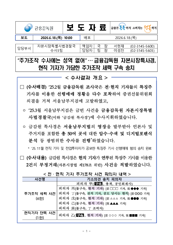 금감원 자본시장특사경, 기자의 특징주 기사를 이용한 부정거래 피의자 구속송치 PC 본문 이미지 1
