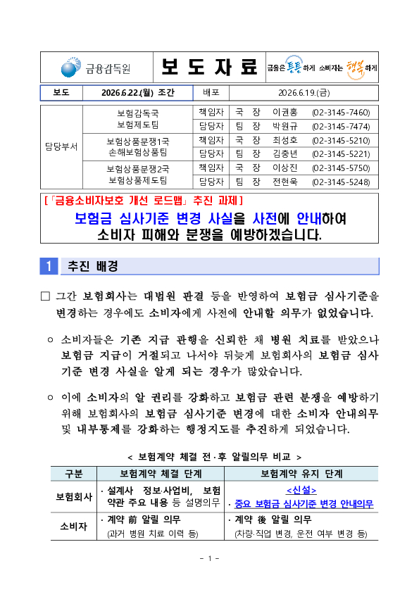 보험금 심사기준 변경 사실을 사전에 안내하여 소비자 피해와 분쟁을 예방하겠습니다 PC 본문 이미지 1