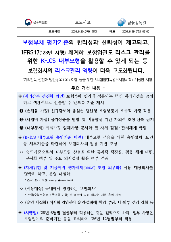 보험부채 평가기준의 합리성과 신뢰성이 제고되고, IFRS17(23년 시행) 체계하 보험업권도 리스크 관리를 위한 K-ICS 내부모형을 활용할 수 있게 되는 등 보험회사와 리스크관리 역량이 더욱 고도화됩니다. PC 본문 이미지 1