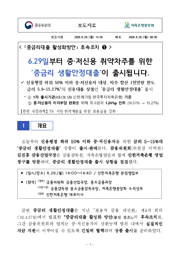 6.29일부터 중, 저신용 취약차주를 위한 중금리 생활안정대출이 출시됩니다. PC 본문 이미지 1