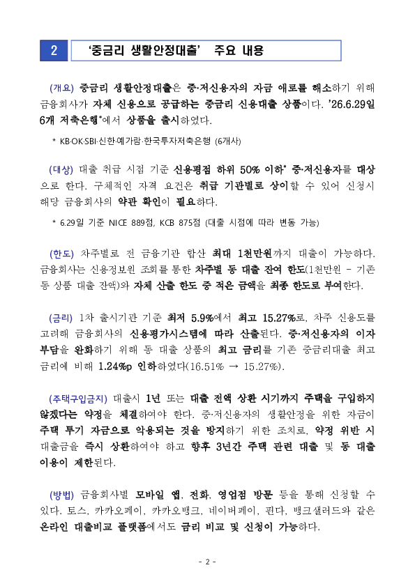 6.29일부터 중, 저신용 취약차주를 위한 중금리 생활안정대출이 출시됩니다. PC 본문 이미지 2