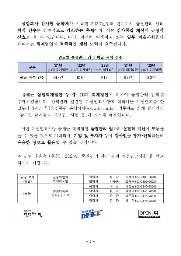 회계법인 품질관리 감리 결과에 따른 개선권고사항을 공개합니다. PC 본문 이미지 2