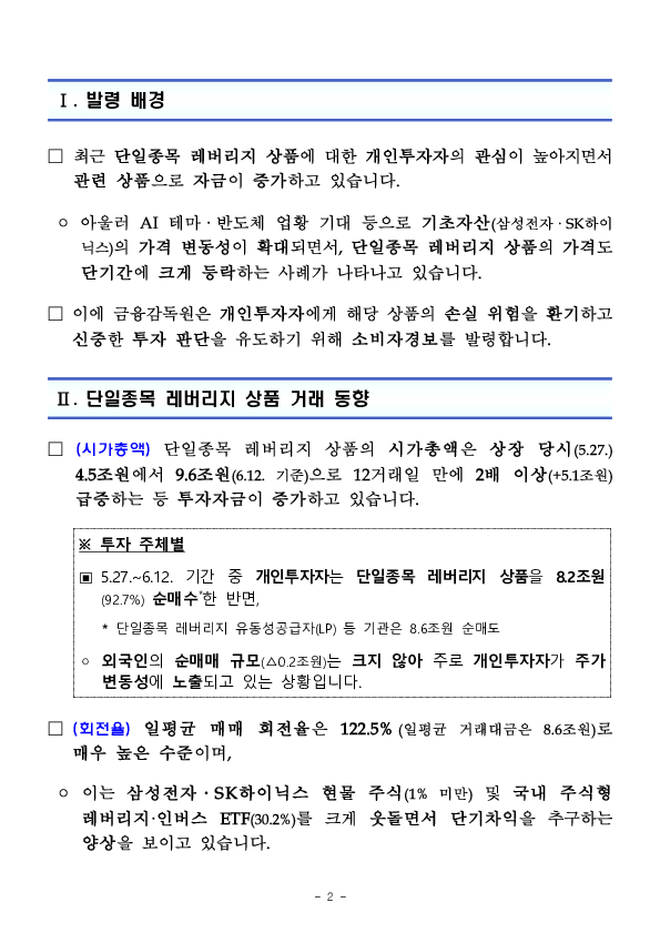 단일종목 레버리지 인버스 상품 관련 소비자경보 발령 이미지 2