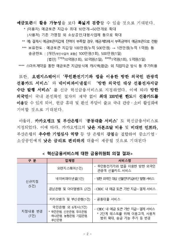 한국은행 디지털화폐(CBDC) 시스템 내 예금토큰 기반 지급결제 테스트(프로젝트 한강) 2단계 시행 등 혁신금융서비스 5건 신규 지정 의결 PC 본문 이미지 2